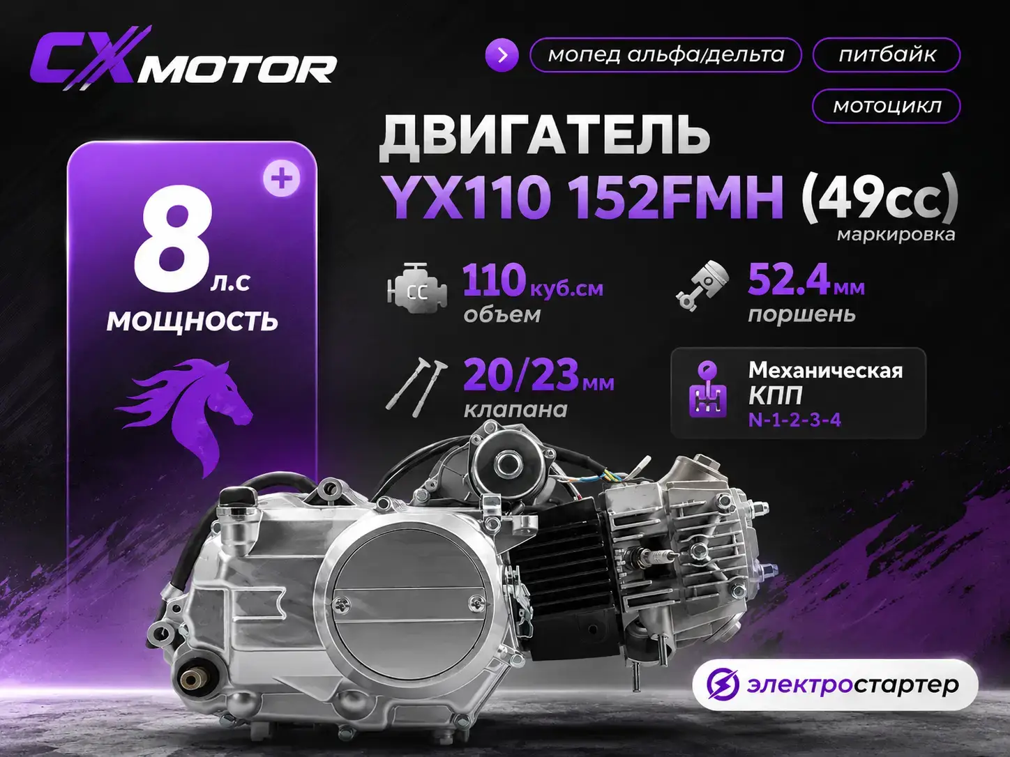 Горизонтальный двигатель CX152FMH класса 110 cc